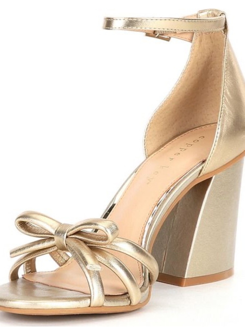 Copper Key Metallic Gold Block Heel Sandals with Bow Accent